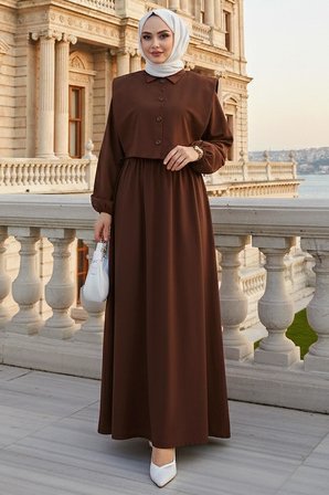Bolerolu Beli Lastikli Tesettür Elbise Kahverengi HM262756
