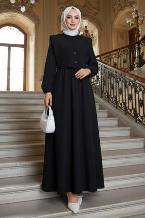 Bolerolu Beli Lastikli Tesettür Elbise Siyah HM262756