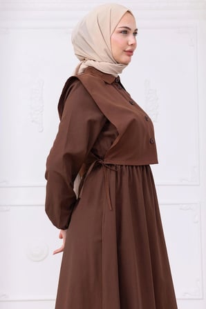 Bolerolu Beli Lastikli Elbise Kahverengi HM2756