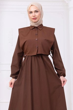 Bolerolu Beli Lastikli Elbise Kahverengi HM2756