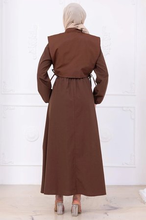 Bolerolu Beli Lastikli Elbise Kahverengi HM2756
