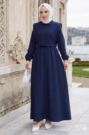 Bolerolu Beli Lastikli Tesettür Elbise Lacivert HM262756