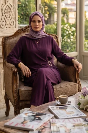 Toka Detaylı Pantolonlu Ayrobin Takım Mürdüm HM2921