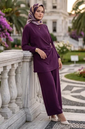 Toka Detaylı Pantolonlu Ayrobin Takım Mürdüm HM2921