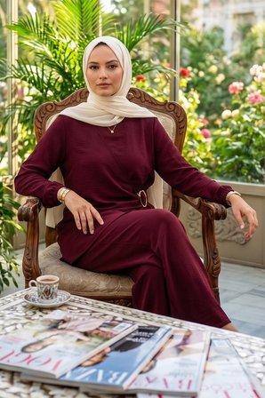 Toka Detaylı Pantolonlu Ayrobin Takım Bordo HM2921