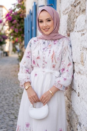Çiçek Desenli Astarlı Kuşaklı Elbise Beyaz HM2923