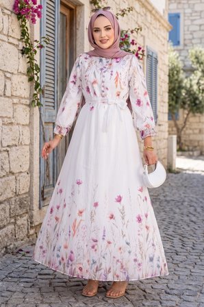 Çiçek Desenli Astarlı Kuşaklı Elbise Beyaz HM2923