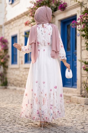 Çiçek Desenli Astarlı Kuşaklı Elbise Beyaz HM2923