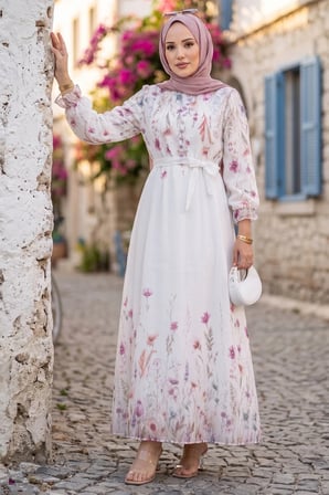 Çiçek Desenli Astarlı Kuşaklı Elbise Beyaz HM2923