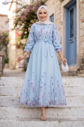 Çiçek Desenli Astarlı Kuşaklı Elbise Mavi HM2923