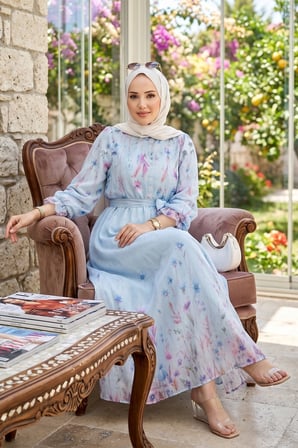 Çiçek Desenli Astarlı Kuşaklı Elbise Mavi HM2923