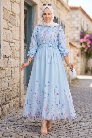Çiçek Desenli Astarlı Kuşaklı Elbise Mavi HM2923
