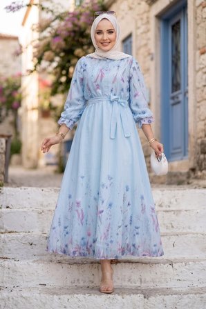 Çiçek Desenli Astarlı Kuşaklı Elbise Mavi HM2923