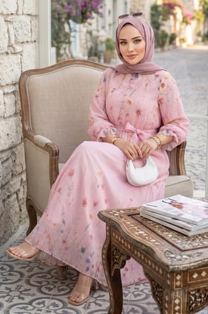Çiçek Desenli Astarlı Kuşaklı Elbise Pembe HM2923