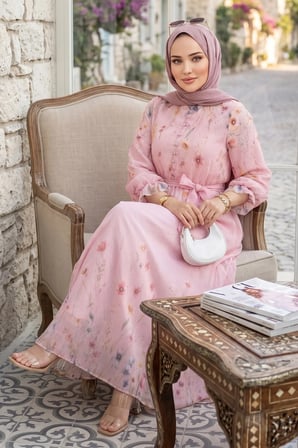 Çiçek Desenli Astarlı Kuşaklı Elbise Pembe HM2923