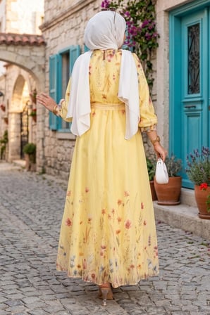 Çiçek Desenli Astarlı Kuşaklı Elbise Sarı HM2923