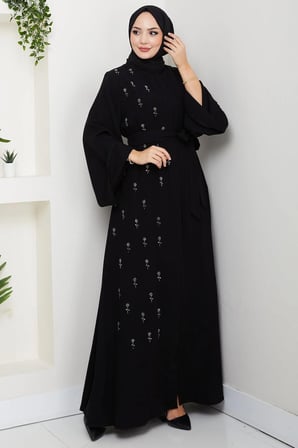 Kuşaklı Çiçek Taşlı Ferace Siyah HM2853