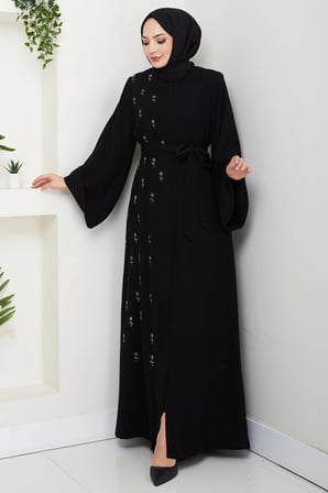 Kuşaklı Çiçek Taşlı Ferace Siyah HM2853