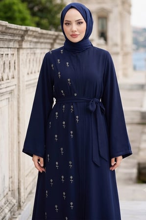 Kuşaklı Çiçek Taşlı Ferace Lacivert HM2853