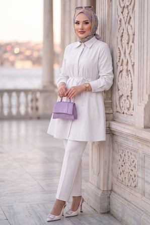 Bağlamalı Cepli Tunik Beyaz HM2911