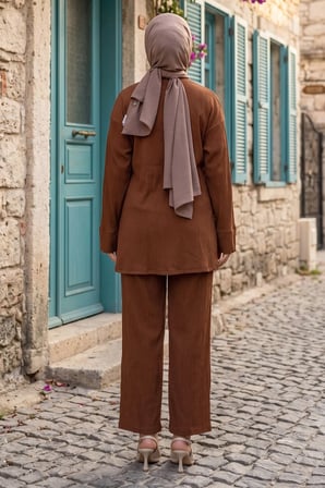 Yandan Bağlamalı Kimono Takım Kahverengi HM2935