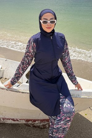 Ebru Desenli Tesettür Mayo Tam Takım Lacivert HM2924