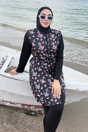 Gül Desenli Tesettür Mayo Tam Takım Siyah HM2927