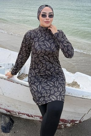 Tüy Desenli Tesettür Mayo Tam Takım Siyah HM2930