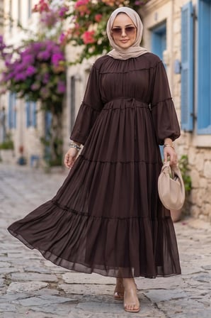 Beli Bağlamalı Fırfır Detaylı Astarlı Şifon Elbise Kahverengi HM2942