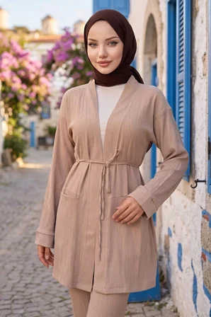 Cepli Bağlamalı Kimonolu İkili Takım Vizon HM2941