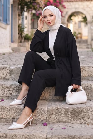 Cepli Bağlamalı Kimonolu İkili Takım Siyah HM2941