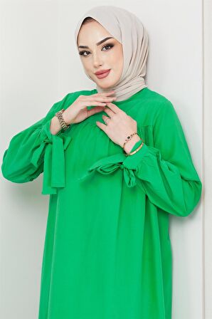 Robalı Kol Ucu Bağlamalı Elbise Yeşil