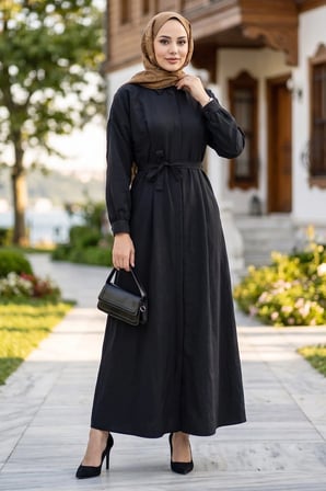 Eliz Düğmeli Pensli Kuşaklı Elbise Siyah HM2944