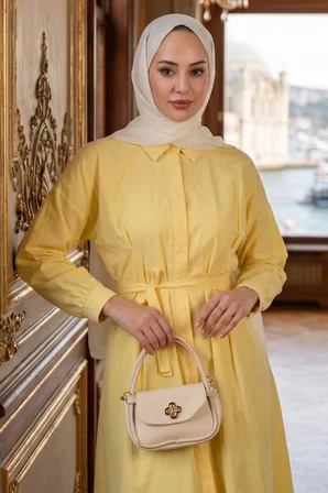 Eliz Düğmeli Pensli Kuşaklı Elbise Sarı HM2944