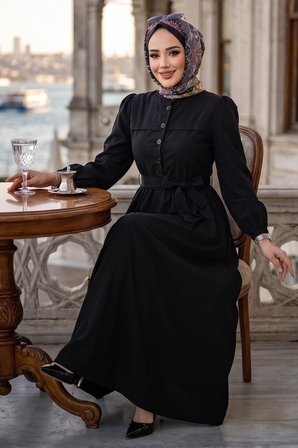 Beli Kuşaklı Terikoton Elbise Siyah HM2908