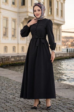Beli Kuşaklı Terikoton Elbise Siyah HM2908