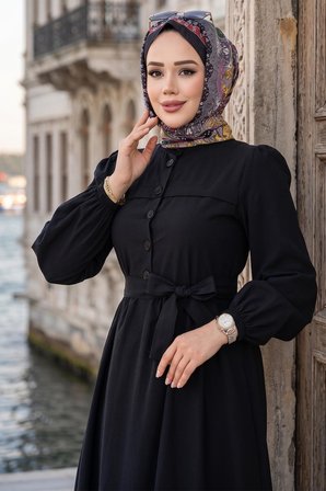 Beli Kuşaklı Terikoton Elbise Siyah HM2908