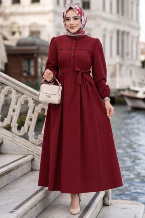 Beli Kuşaklı Terikoton Elbise Kırmızı HM2908