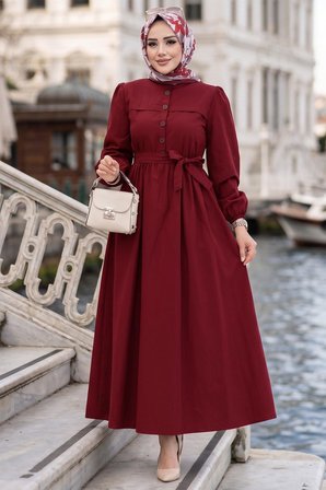 Beli Kuşaklı Terikoton Elbise Kırmızı HM2908