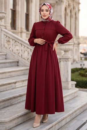 Beli Kuşaklı Terikoton Elbise Kırmızı HM2908