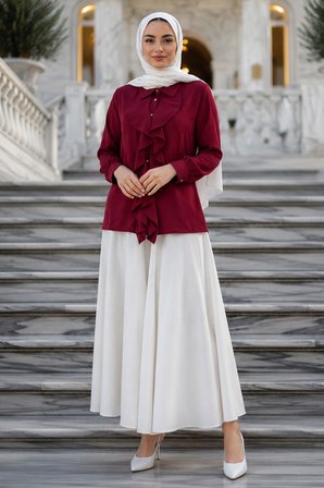 Önü Fırfırlı Gömlek Bordo HM2949
