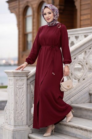 Toka Detaylı Bağlamalı Ayrobin Elbise Bordo HM2907