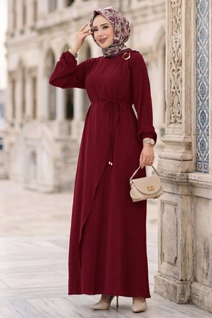 Toka Detaylı Bağlamalı Ayrobin Elbise Bordo HM2907