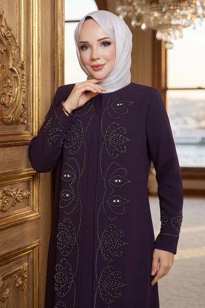 Boncuk Taşlı Büyük Beden Anne Elbisesi Mürdüm HM2952