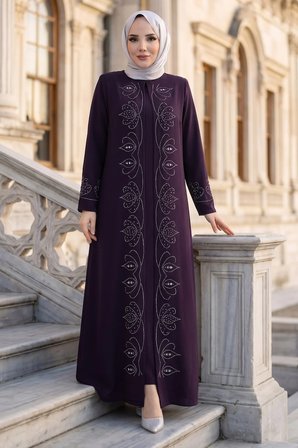 Boncuk Taşlı Büyük Beden Anne Elbisesi Mürdüm HM2952