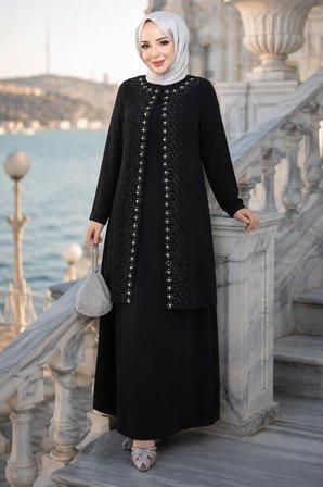 Papatya Taş Detaylı Büyük Beden Anne Elbisesi Siyah HM2953