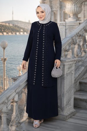 Papatya Taş Detaylı Büyük Beden Anne Elbisesi Lacivert HM2953