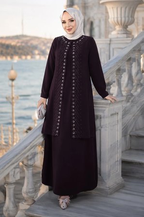 Papatya Taş Detaylı Büyük Beden Anne Elbisesi Mor HM2953