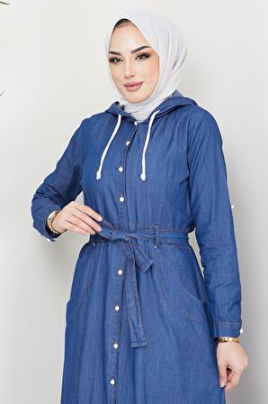 Boydan Düğmeli Kuşaklı Kot Elbise Koyu Mavi