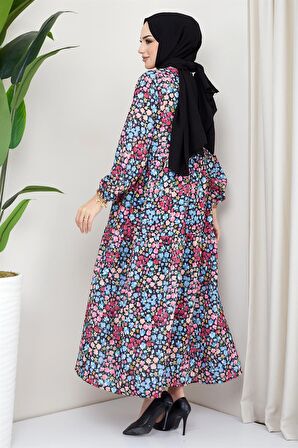 Çiçek Baskılı Elbise Siyah